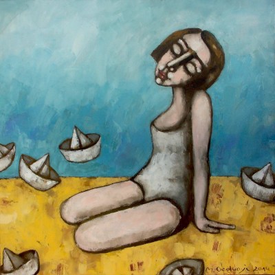 Magdalena Giedroyć, Obiekty plażowe, 2014 r., olej na płótnie, 80 x 80 cm