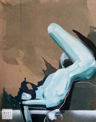 Natalia Findowicz, Dryfując, 2021 r., akwarela, akryl, spray na płótnie surowym lnianym, 100 x 80 cm